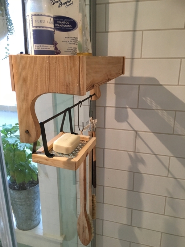 Shower Caddy Rustic Cedar Wood Black Metal Rod Hanging Soap Dish