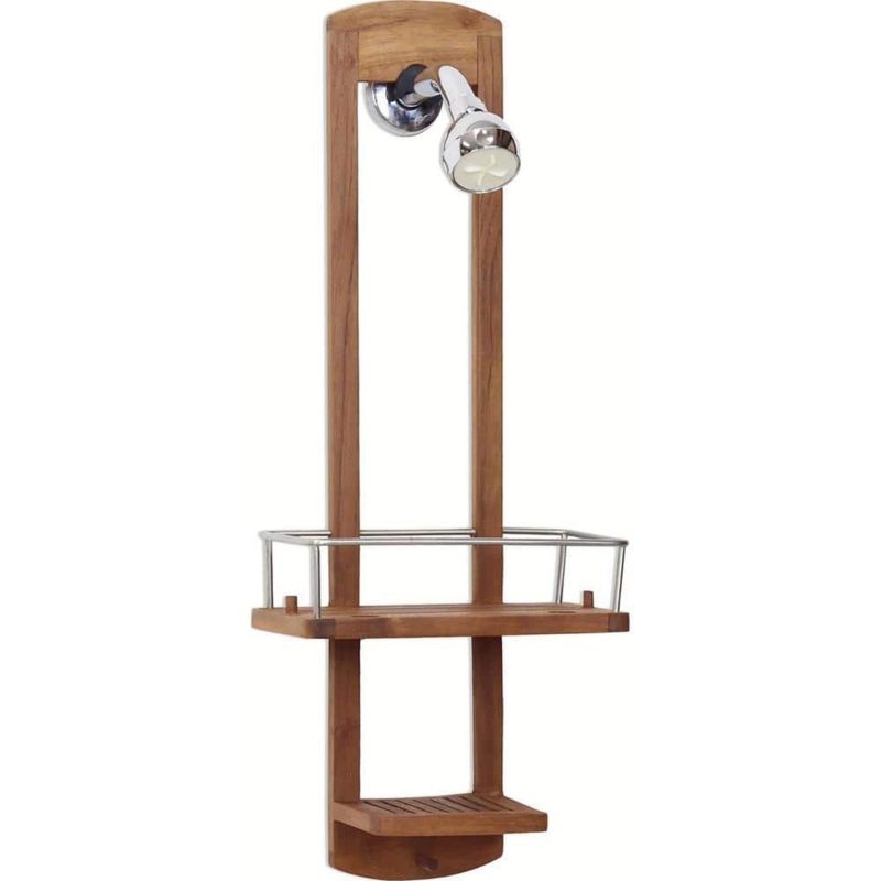 Shower Caddy Teak Stainless Steel Railing Over-the-Shower-Head Two Tier