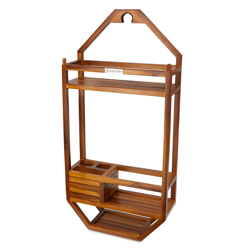 Shower Caddy Teak Wood Divided Cubby Compartment Slatted Shelves Spa