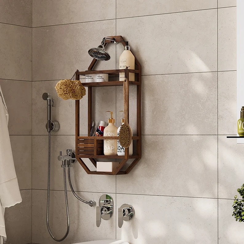 Shower Caddy Walnut Wood Tone Geometric Frame Notched Hanger Organizer