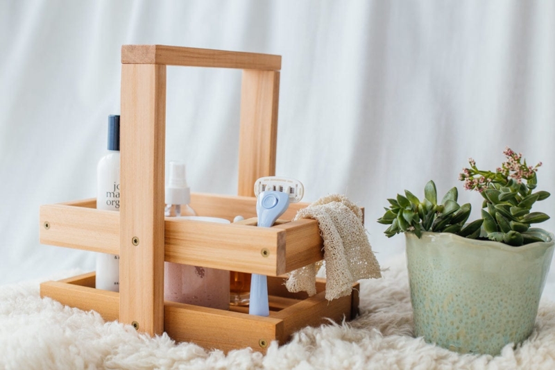 Shower Caddy Wooden Tote Central Handle Exposed Screws Portable Storage