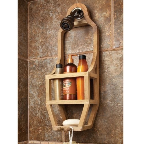 Shower Organizer Slim Profile Teak Wood Over-the-Showerhead Soap Shelf