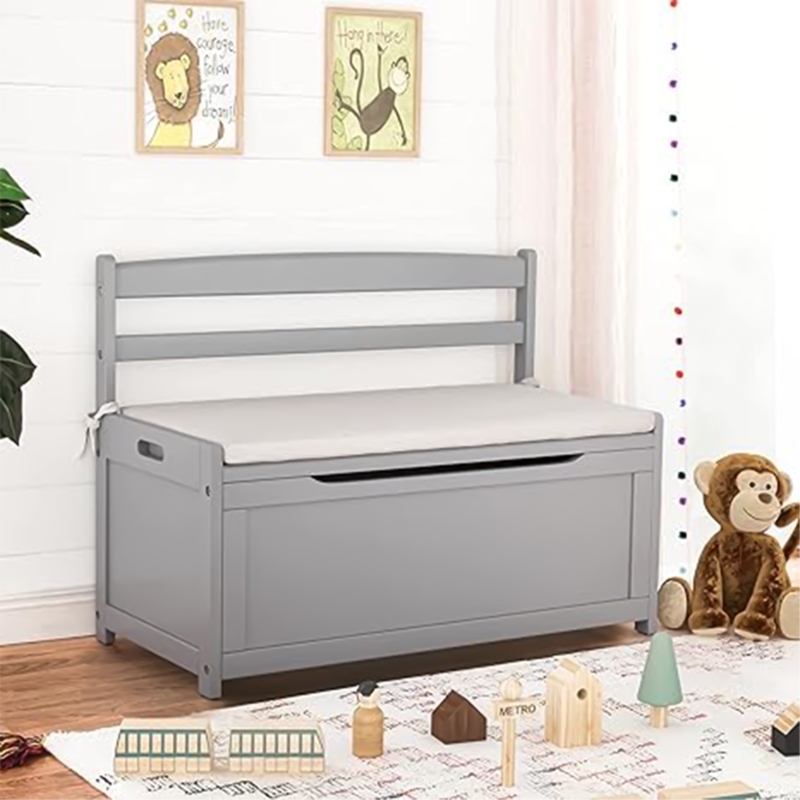 Slatted Back Storage Chest Grey Toy Organizer With Removable Cushion