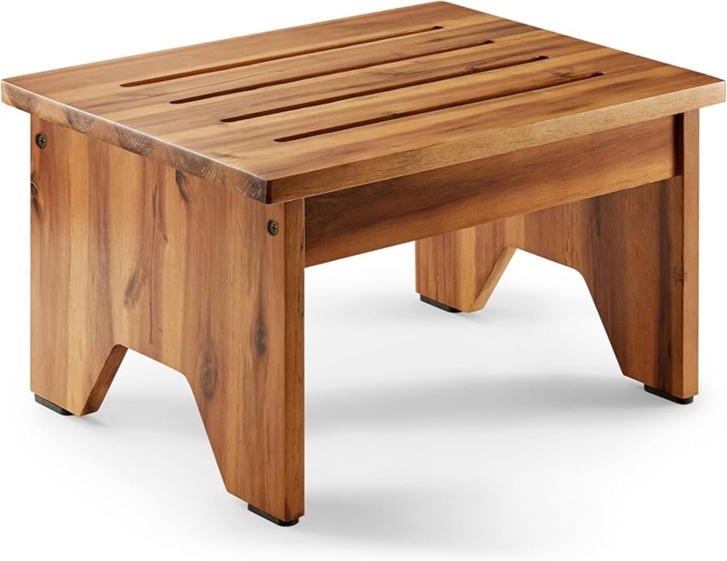 Slatted Top Step Stool in Acacia Wood with Non-Slip Pads for Bathrooms