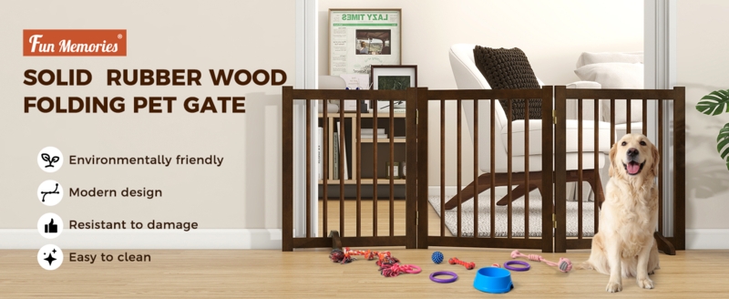 Solid Rubber Wood Pet Gate Dark Walnut Folding