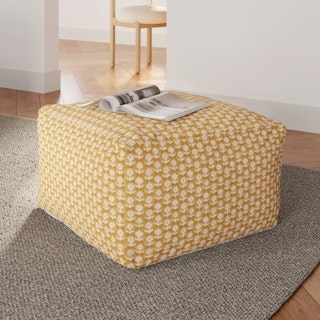 Square Block Print Pouf Mustard Floral Ottoman Piped Edges
