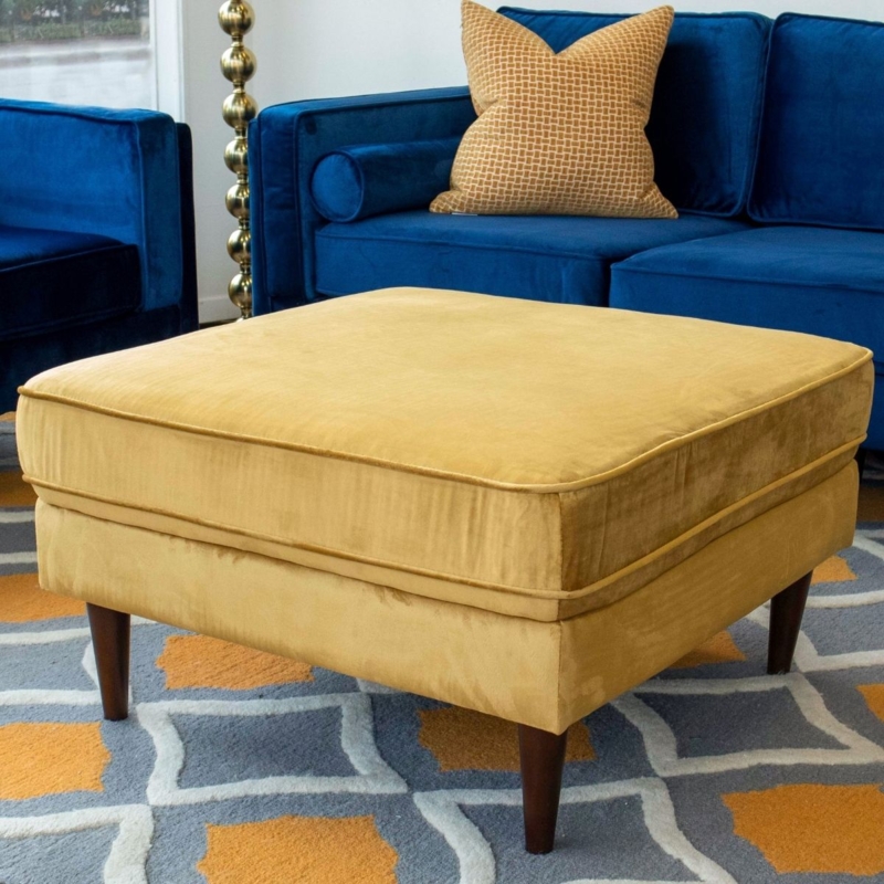 Square Ottoman Amber Velvet Tapered Legs Welted Edges