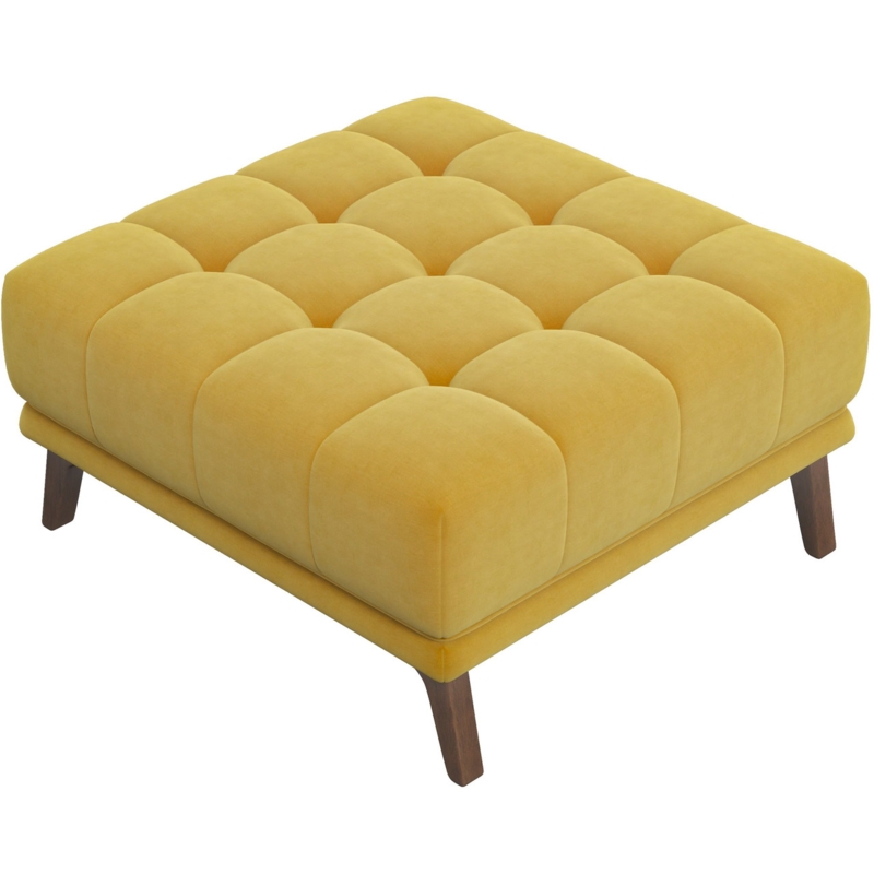 Square Ottoman Golden Yellow Biscuit Tufted Tapered Leg Accent