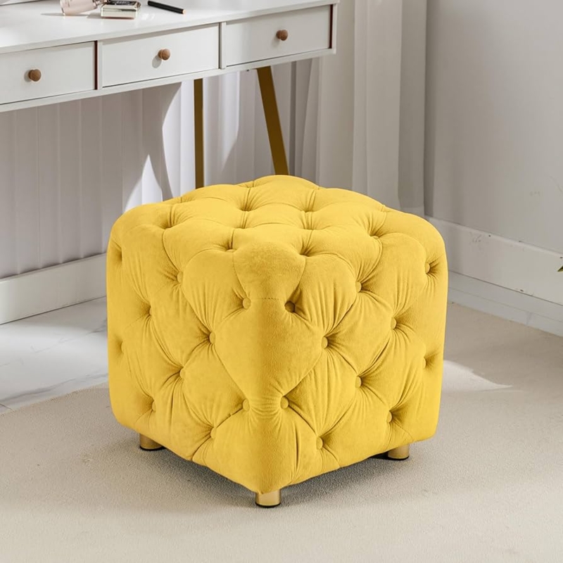 Square Ottoman Mustard Velvet Vanity Stool Gold Metal Feet
