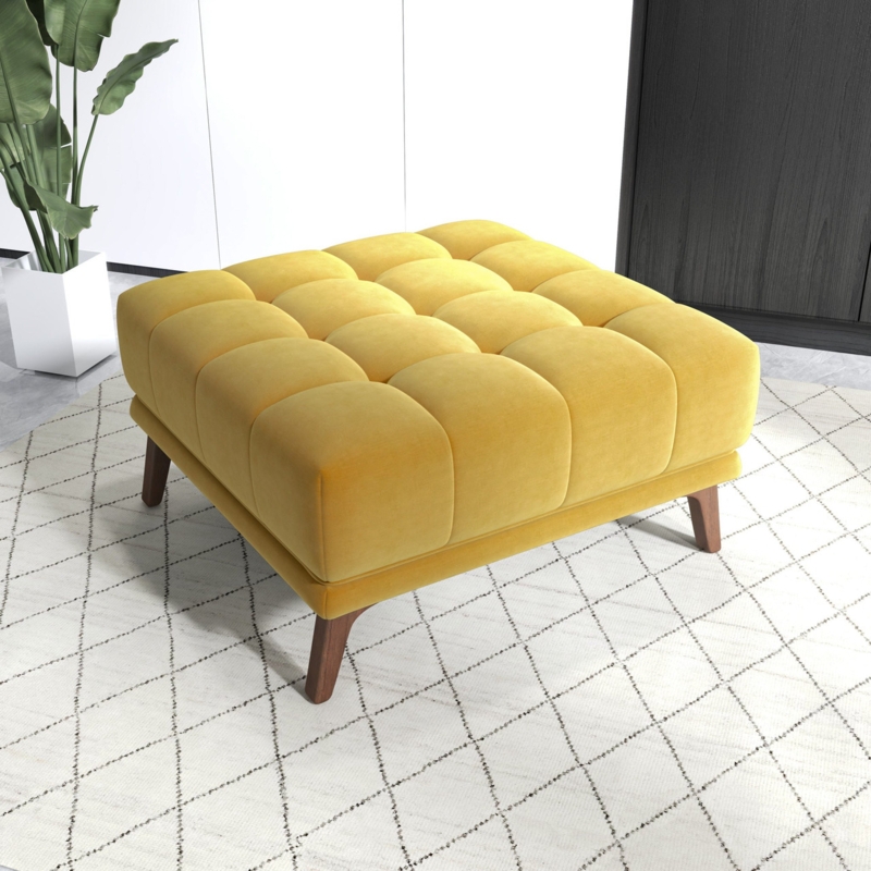 Square Ottoman Saffron Yellow Grid Tufting Tapered Legs Footstool