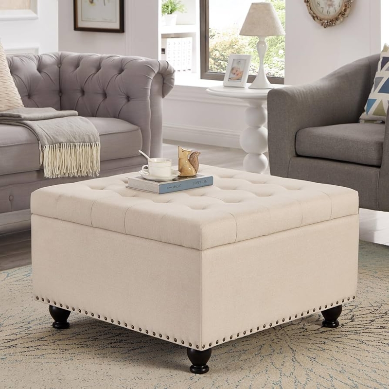Square Storage Ottoman Button Tufted Nailhead Trim Beige Fabric