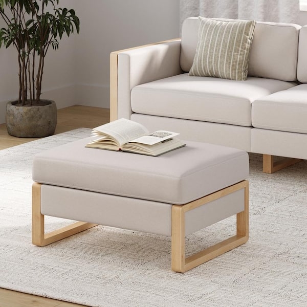Square Storage Ottoman Sled Base Bisque Linen Scandinavian Footrest