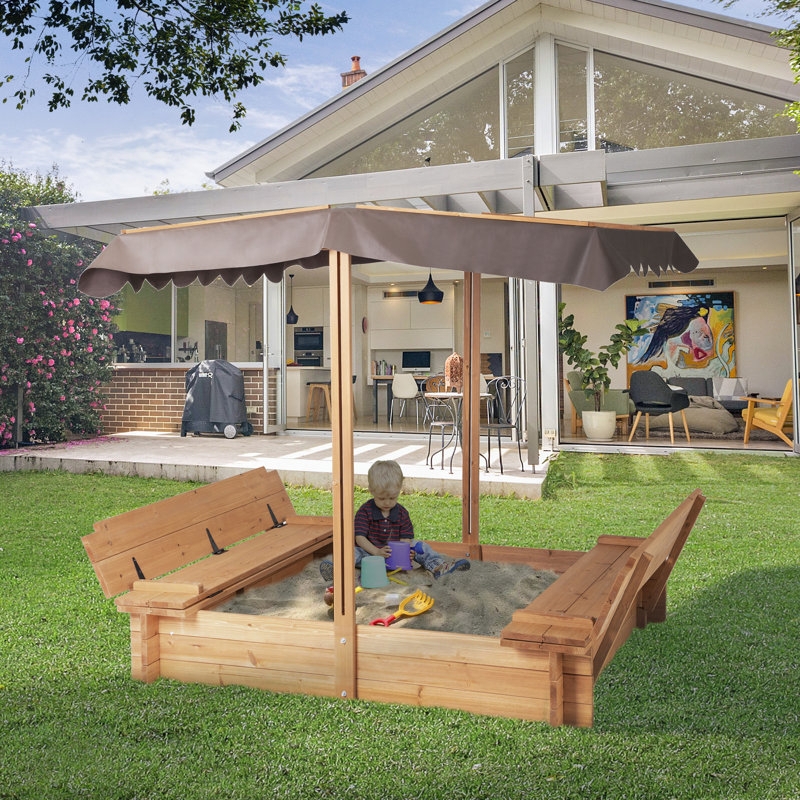 Square Wooden Sandbox with Chocolate Brown Canopy and Foldable Benches