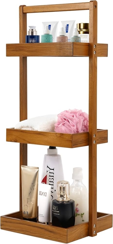 Standing Shower Caddy 3-Tier Wood Integrated Handle Spa Shelf Organizer