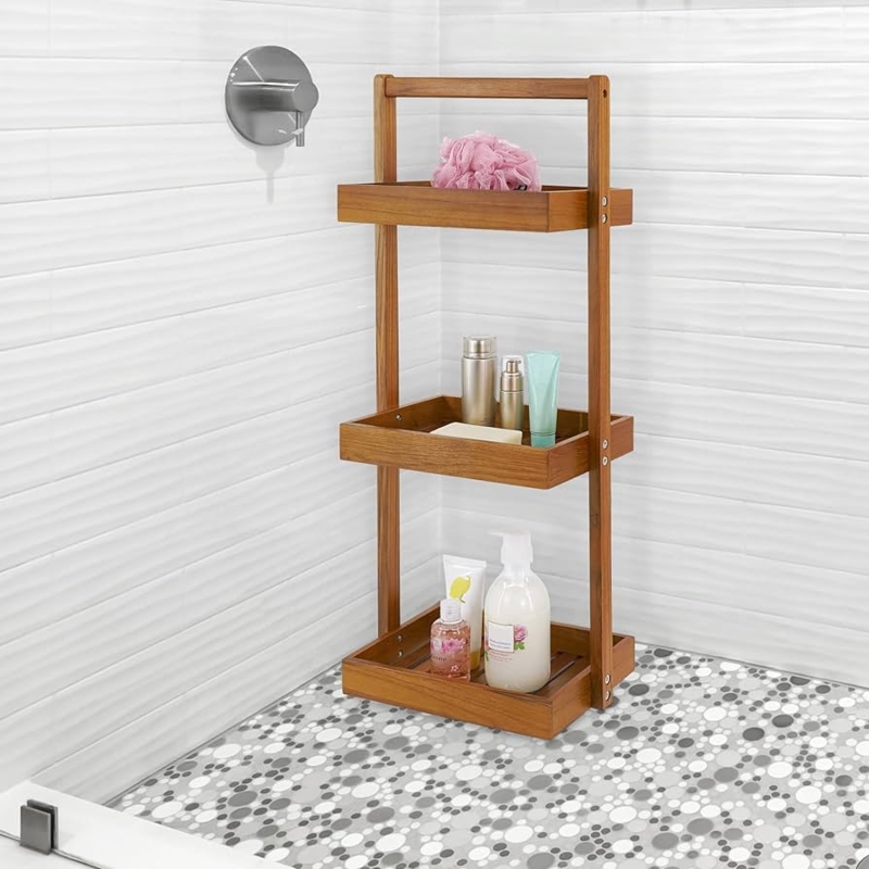 Standing Shower Caddy Slatted Wood Shelves Freestanding Base 3-Tier