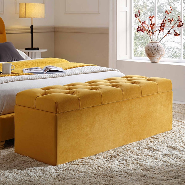 Storage Bench Turmeric Yellow Velvet Deep Buttoned End Of Bed Seat