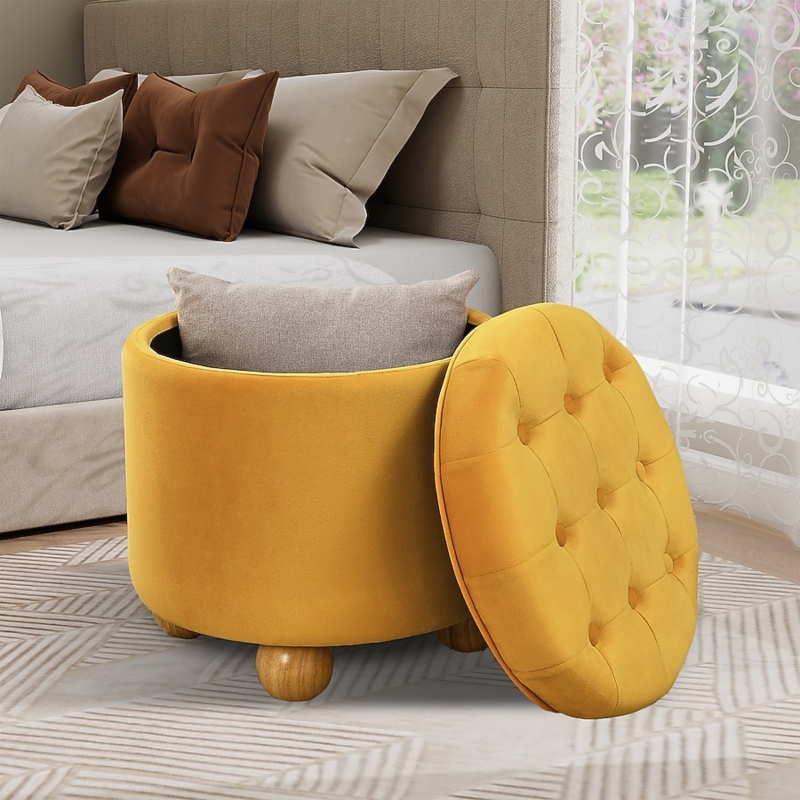 Storage Ottoman Dark Yellow Flannel Bun Feet Tufted Lid