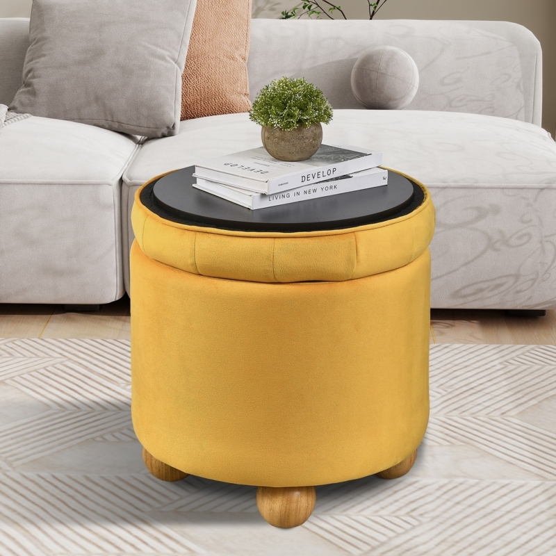 Storage Ottoman Marigold Yellow Flannel Reversible Tray Top Pouf