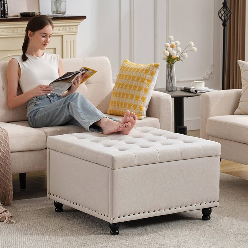 Storage Ottoman Oversized Square Bun Feet Tufted Coffee Table