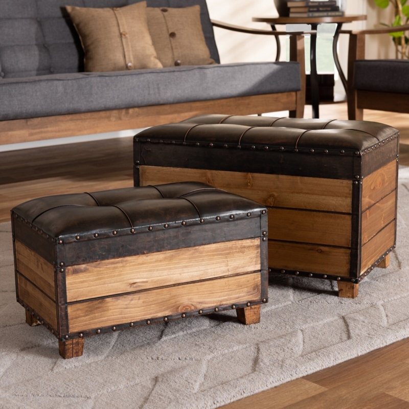 Storage Ottoman Trunk Style Base Horizontal Planking Industrial Trunk