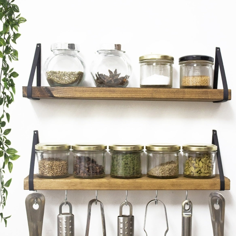 Strap Mounted Spice Rack Tiered Shelves with Hanging Utensil Hooks
