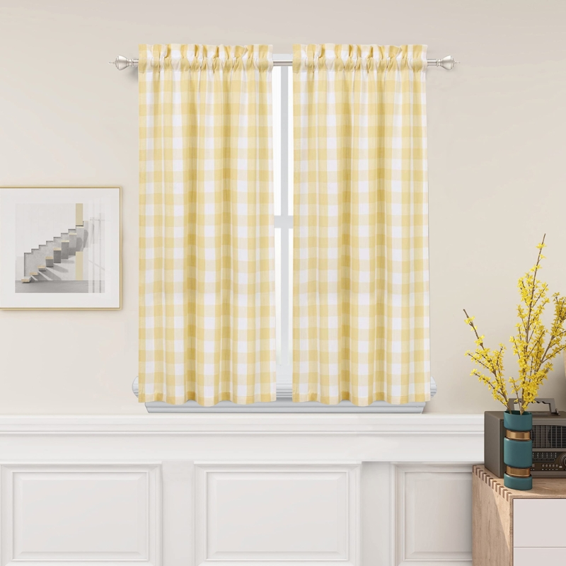 Sunny Yellow Buffalo Plaid Ruffled Cafe Curtains, Kitchen Tier Set