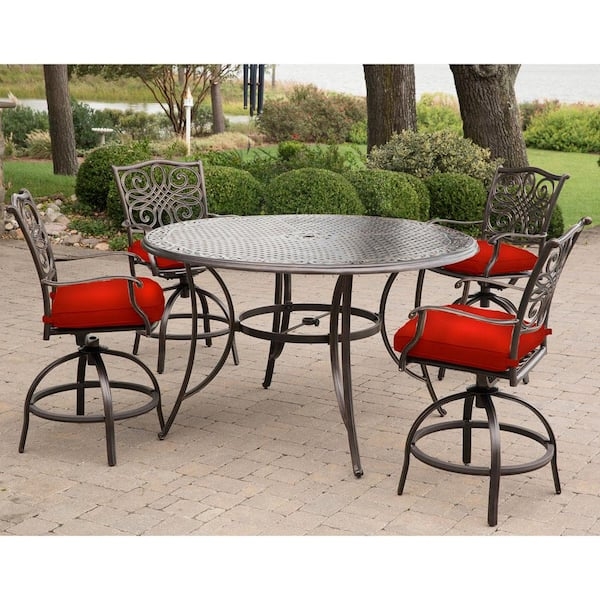 Swivel Bar Height Dining Set Red Cushions Lattice Top Bronze