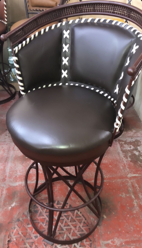 Swivel Barstool with White Cross Stitching and Barrel Backrest