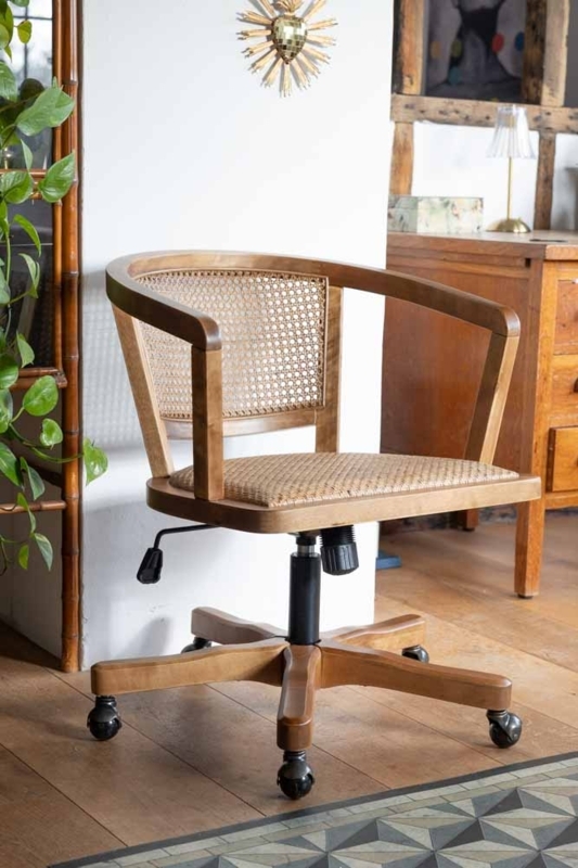 Swivel Desk Chair Cane Inlay Curved Barrel Back Honey Wood Bohemian