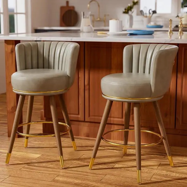 Swivel Stool Metallic Ferrules Channel Tufting Tapered Wood Legs Glam