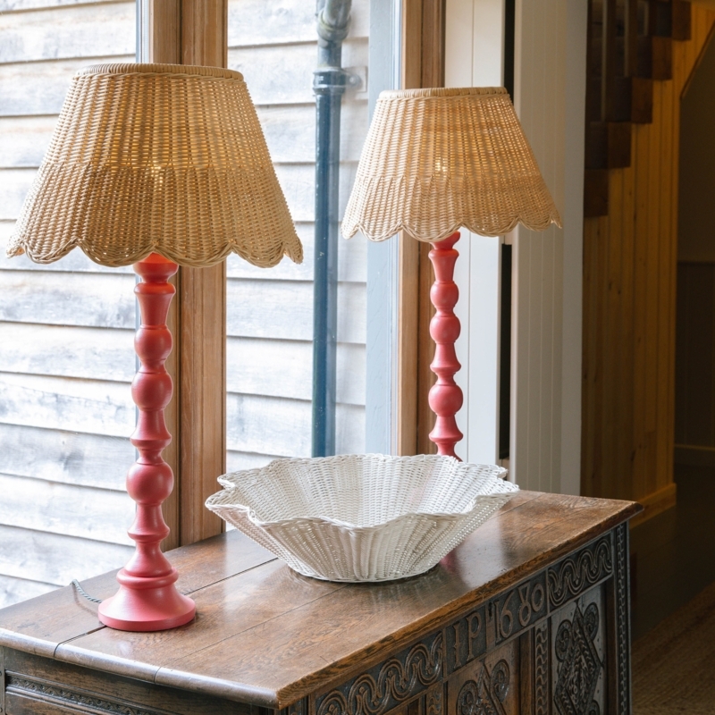 Table Lamp Rattan Scalloped Shade Red Bobbin Base Cottagecore Decor