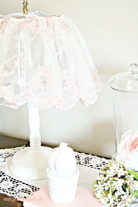 Table Lamp White Turned Base with Lace Scalloped Hem Shade