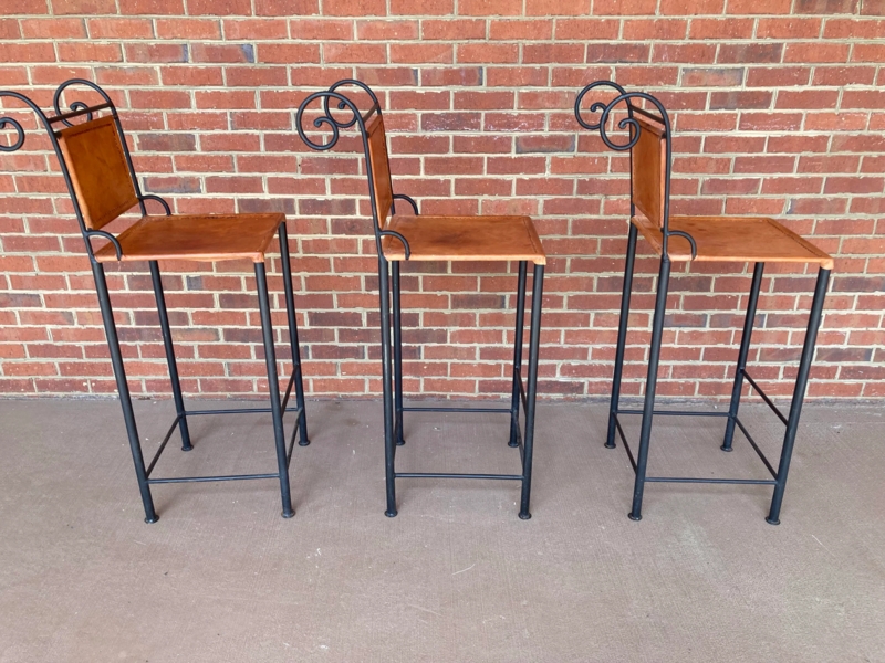 Tall Bar Stools with Scrollwork Backrest and Stitched Leather Panels