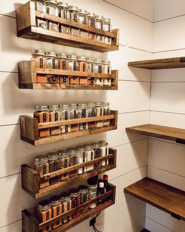 Tiered Wooden Pantry Shelves Set of Five Wall Mounted Racks