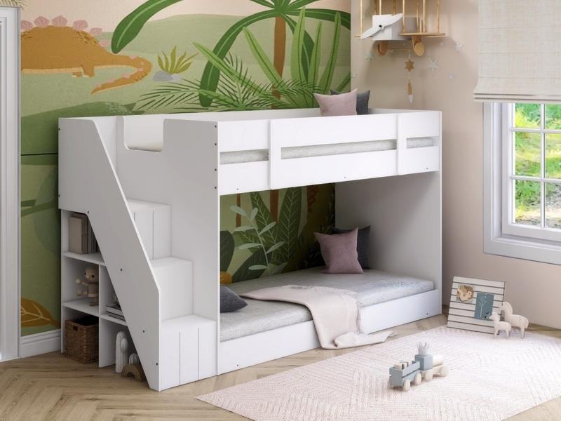 Toddler Bunk Bed with Steps Pure Finish Low Height Floor Design