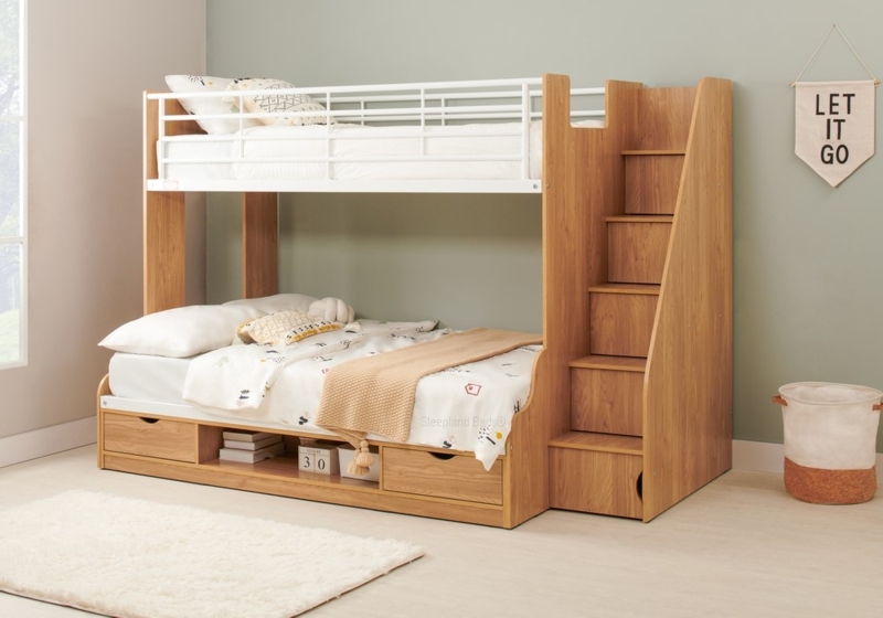 Triple Bunk Bed Warm Oak Double Base Staircase Storage