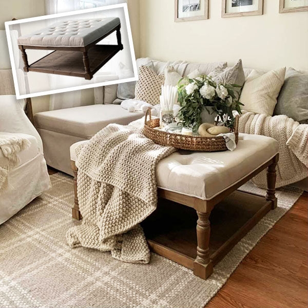 Tufted Ottoman Bottom Storage Shelf Turned Spindle Legs Farmhouse