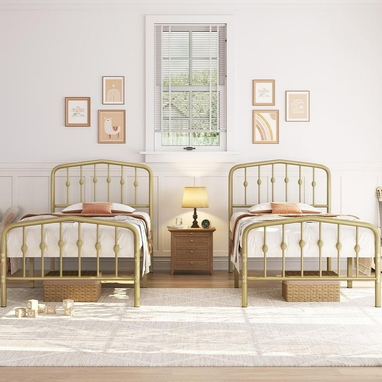 Twin Bed Frame Antique Gold Spindle Metal Ball Finials Platform