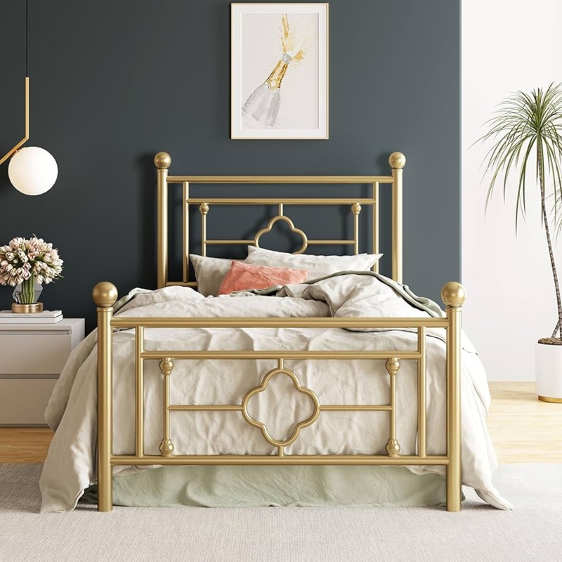 Twin Bed Frame Brushed Gold Quatrefoil Motif Victorian Vintage