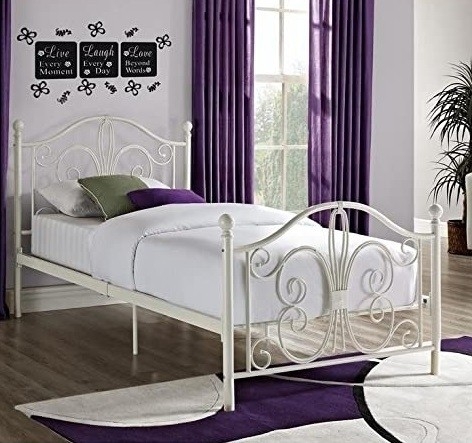 Twin Bed Frame Off-White Painted Metal Ornate Scrolled Design