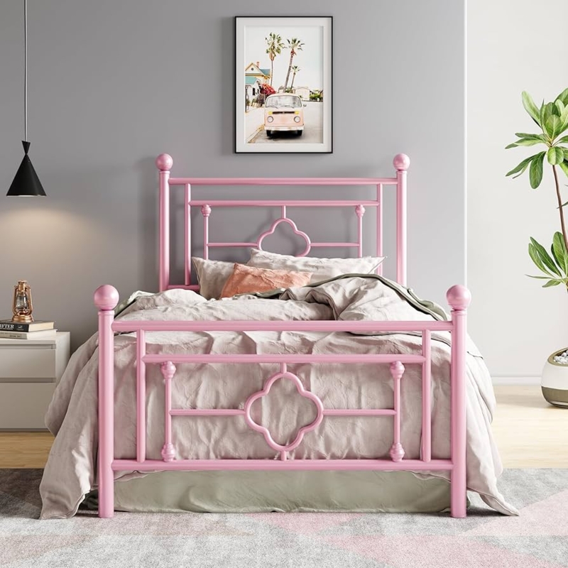 Twin Bed Frame Powder Pink Quatrefoil Motif Victorian Style