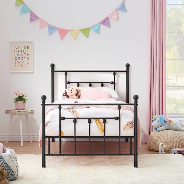 Twin Bed Frame Steel Black Diamond Spindle Accents Ball Post Caps