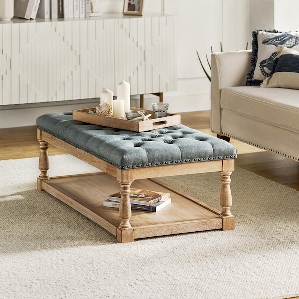 Upholstered Ottoman Diamond Tufting Open Shelf Turned Leg Blue Table