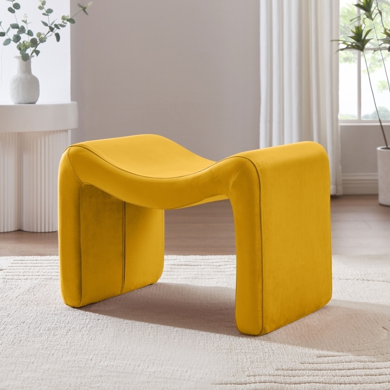 Upholstered Ottoman Saffron Yellow Sculptural Form Monolithic Legs
