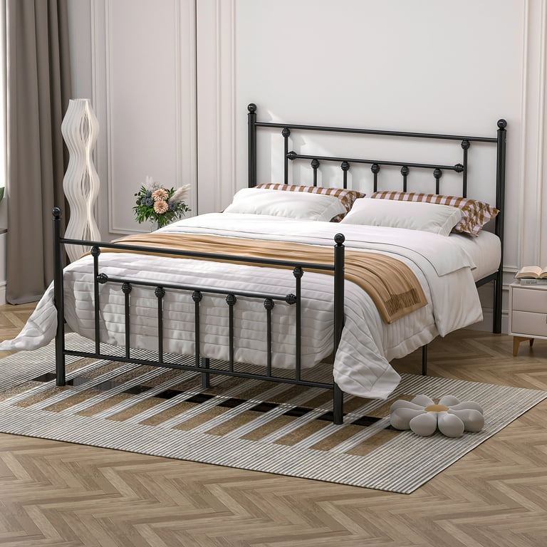 Vecelo Antique Queen Size Platform Bed, Victorian Iron Headboard, Metal  Frame Bedroom Furniture, Slats Support -