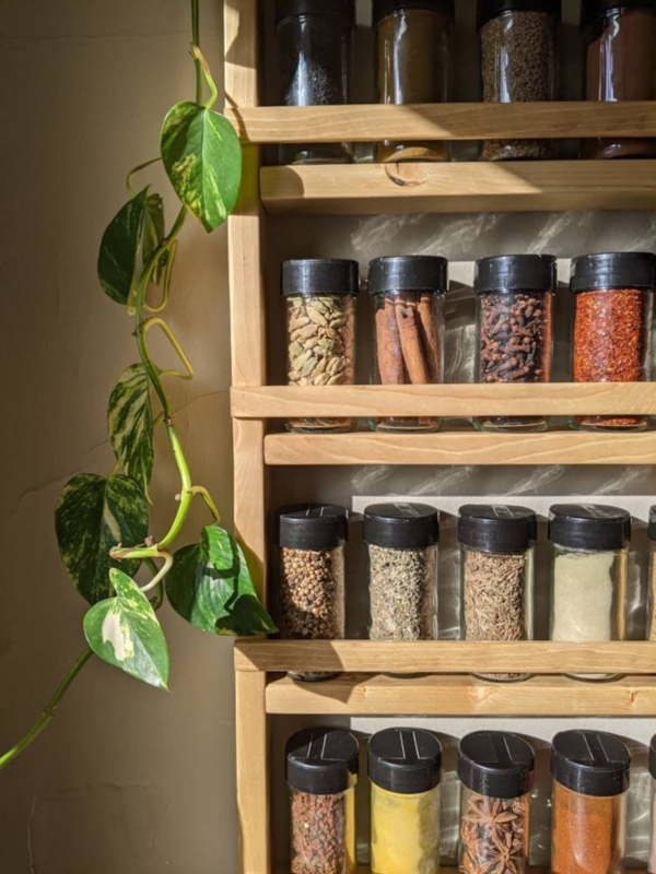 Vertical Wooden Spice Rack with Tiered Shelving and Safety Retainer Bars
