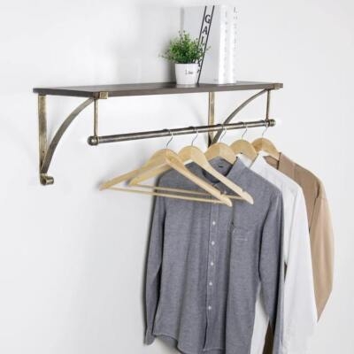 Vintage Chic Floating Shelf with Curved Bronze Brackets and Garment Rod