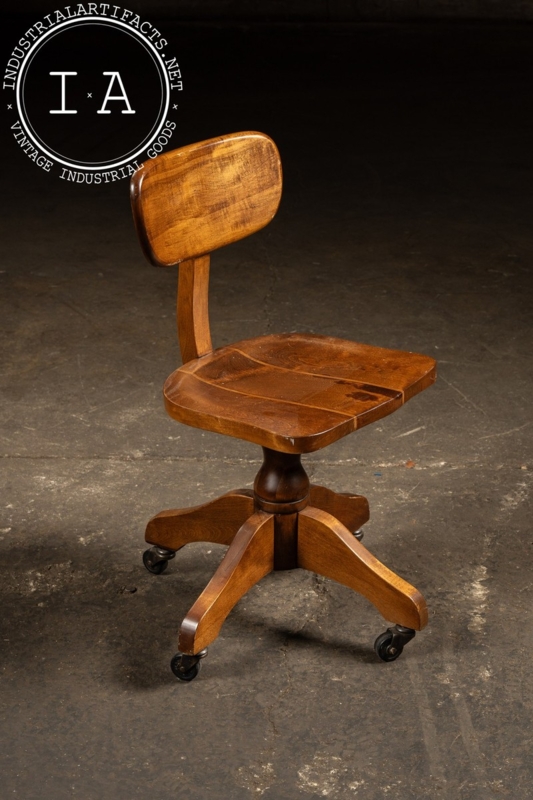 Vintage Desk Chair Contoured Wood Seat Honey Brown Pedestal Base