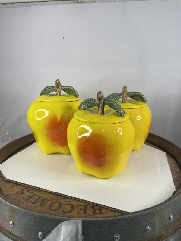 Vintage HTF California Blushing Apple Yellow Canister Set (3) With Lids  #8422