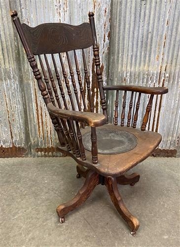 Vintage Swivel Chair Pressed Wood Crest Spindle Back Distressed